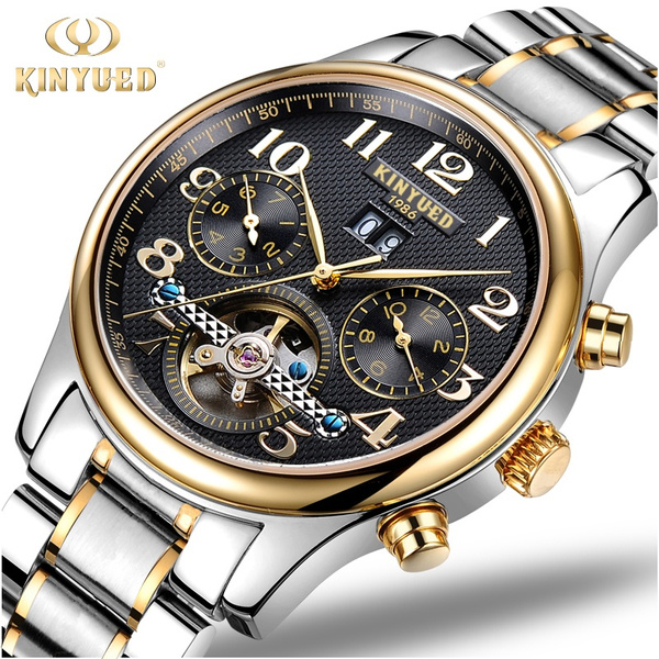 Kinyued Tourbillon Mechanical Watch Mens Skeleton Gold Calendar Automatic Watch Men Stainless Steel Waterproof Montre Mecanique