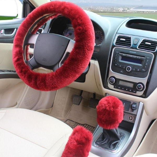 3Pcs Plush Fur Fluffy Car Steering Wheel Cover Handbrake Cover Gear Knob Cover