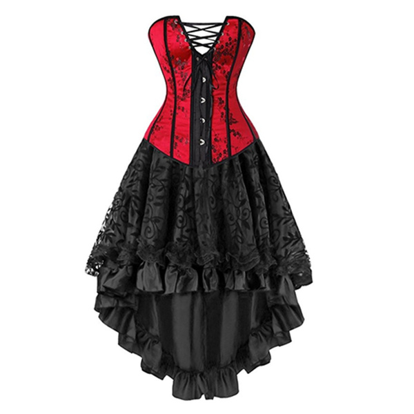 Fashion Women Steampunk Gothic Waist Trainer Corset Red Bow Satin Lace Up Corset  Dress Waist Cinchers Sexy Lingerie Corsets And S