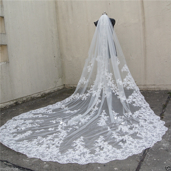2019 The Most Beautiful Wedding Veil 300CM White Long Cathedral Bridal Veils  Lace Edge 3Meter White Long One Layer Wedding Veils velos de novia voile  mariage veu de noiva