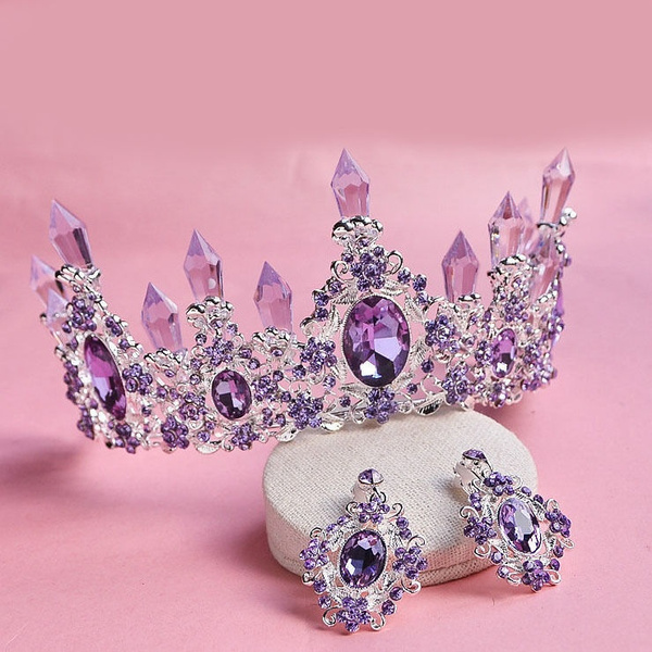 7cm High Purple Crystal Wedding Party Pageant Prom Tiara Crown Earrings Set 