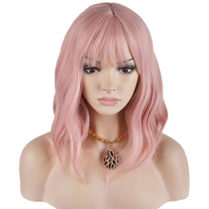 Women Girl''s Short Curly Charming Synthetic Wig with Air Bangs Wig Cap and Comb Included (Lovely Pink)