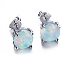  1 Pair Elegant Round White Fire Opal Silver Stud Earrings for Women Fashion Accessories