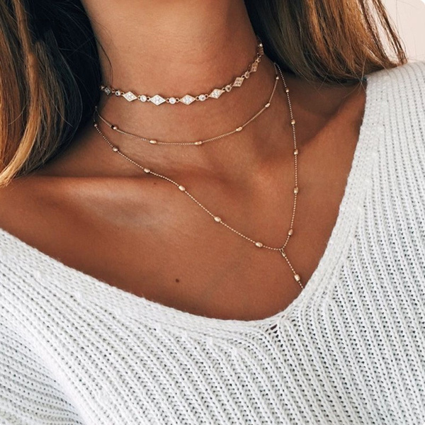 Fashion Women Crystal Multi-Layer Choker Collar Pendant Chain Necklace Jewelry