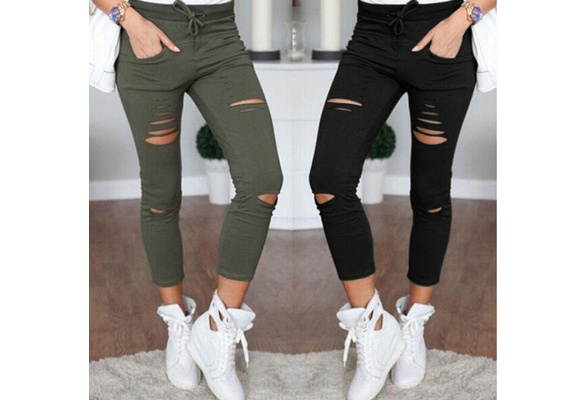 2017 Female Trousers Women Hole leggings Ripped Pants Slim Stretch  Drawstring Trousers Pants Army Green Tights Pants