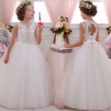 Kids Flower Girl Dress Baby  Girls Lace Formal Princess Pageant Wedding Birthday Party White Bridesmaid Dresses Tea Length 5-14Years