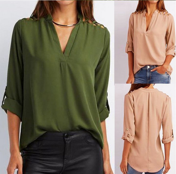 Plus Size OL Ladies Chiffon Blouses Women Casual Long Sleeve Summer Shirts Women Elegant V Neck Loose Tops Girls Blusas