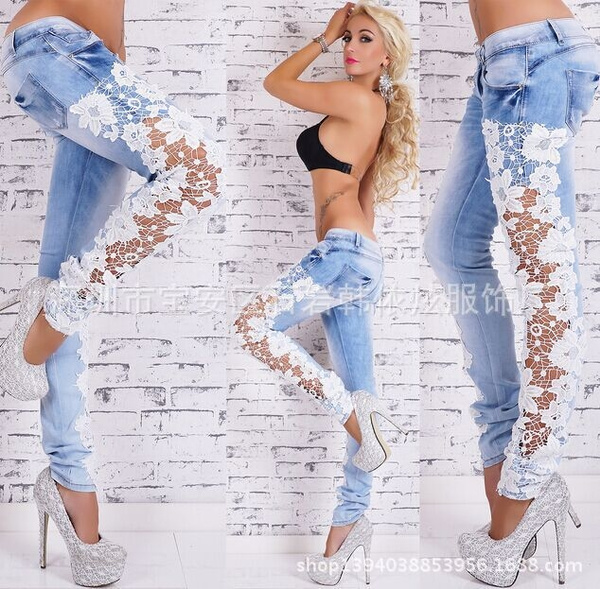 Women Fashion Side Lace Jeans Hollow Out Skinny Denim Jeans Woman Pencil  Pants Patchwork Trousers for Women Ropa Mujer