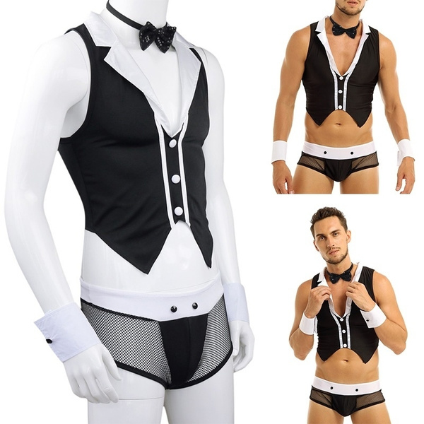 Mens Lingerie Role Play Costume Outfits Sleeveless Tops and Boxer Briefs  Underwear Set