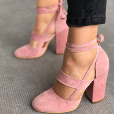 2017 Women Comfortable Round Toe Suede Heels Summer Straps Thick High Heeled Party  Shoes