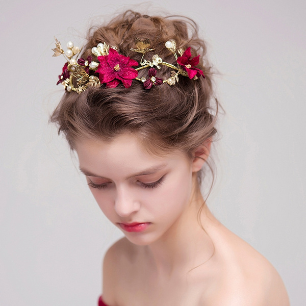 Red flower pakistani bridal hairstyles gold leaves butterfly wedding hair accessories bride pearl headpiece party head jewelry | Wish Red flower pakistani bridal hairstyles gold leaves butterfly wedding hair accessories bride pearl headpiece party head jewelry | Wish