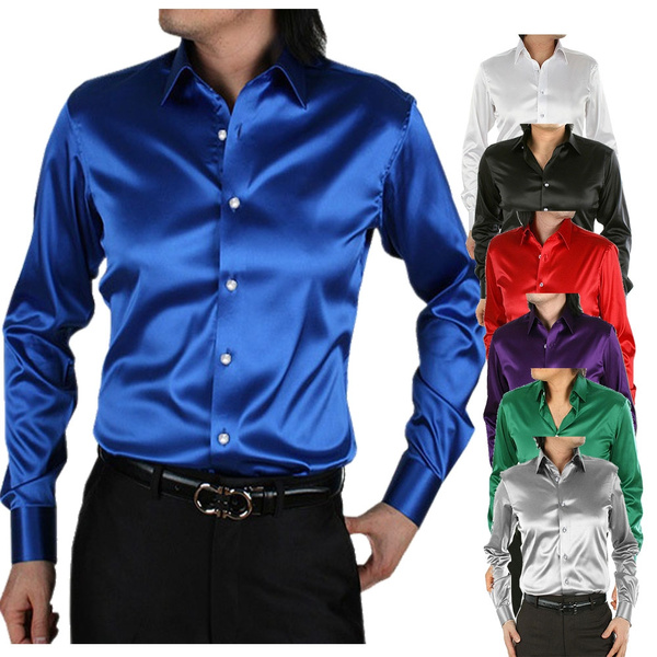 US/EU SIZE Silk Shirts Mens Satin Smooth Long Sleeve Button up