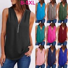 Summer 2018 Women Casual Shirt Loose Plus Size V-Neck Sexy Zipper Tank Top XXXS-5XL