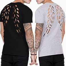 Plus Size T Shirt Wings Men Top Short Sleeve Hole Solid Color Cotton Round Neck Summer Causal Tee