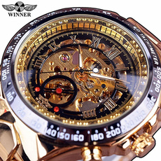 2017 Fashion WINNER Brand Men Black Skeleton Watches Metal Strap Watches Gold Dial Automatic Mechanical Stainless Steel Watch For Men Gifts