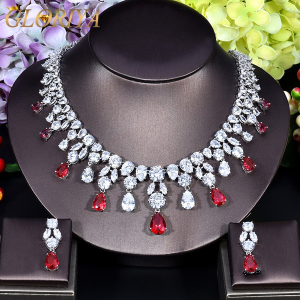 Cubic Zirconia White Gold Plated Ruby Red Necklace Earring Wedding Jewelery 