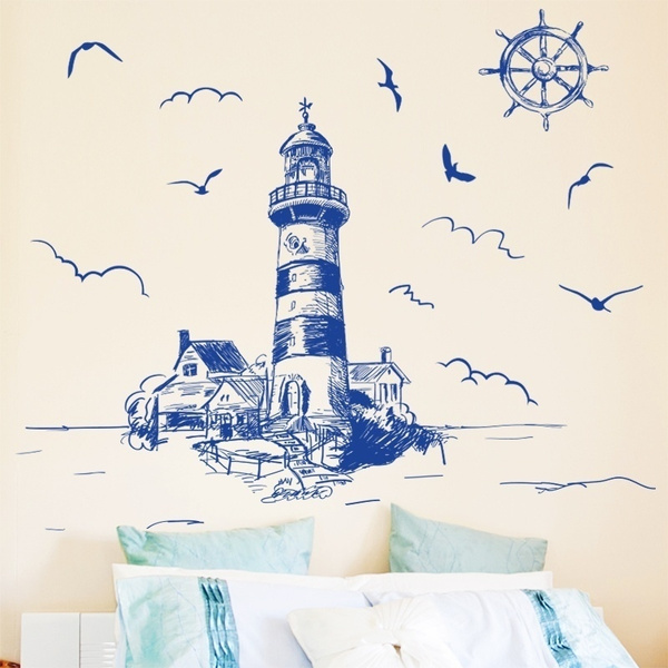 Blue Tower Lighthouse With Wild Goose Decor Wall Sticker Decals For Bedroom Living Room Bathroom Home Decoration Study Nursery School Decal Wish - Lighthouse Wall Sticker