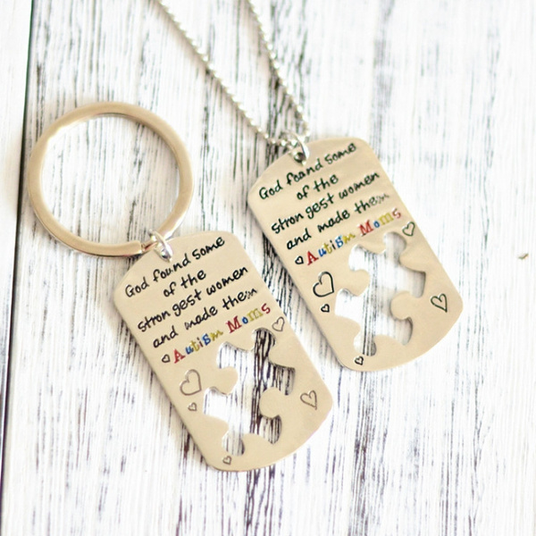 Autism Awareness Identification Necklace Military Dog Tag Style Puzzle Piece Pattern with Hand Applied ID Necklace Keychain Wish