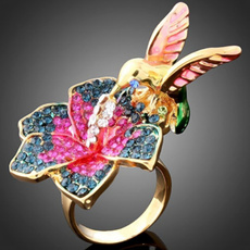 New Punk Colorful Enamel Flowers and Bird Animal Design Gold Color Rings for Women