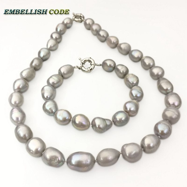 pearls necklace and bracelet set pearl gray grey color semi