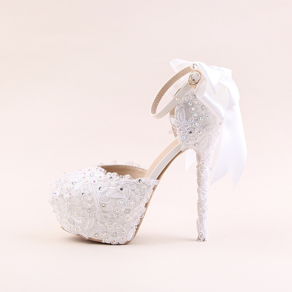 2017 white lace flower high heel shoes paltform bridal shoes diamond ...