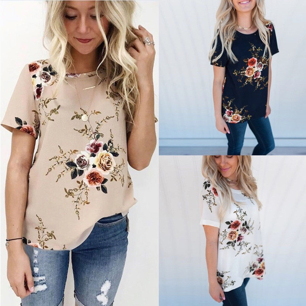 New Arrival Fashion Women's Short Sleeve Floral Print Top T-shirt&Tees ...