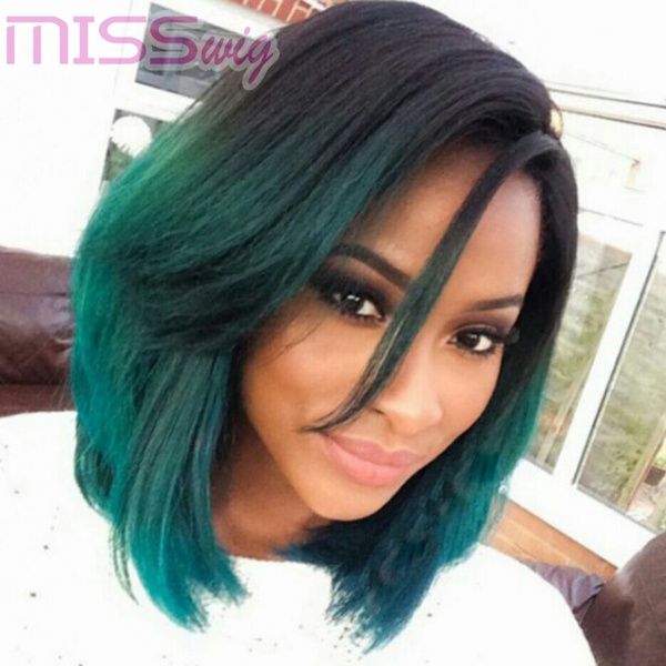 Fashion s Women Short Bob Hair Black Ombre Green Wig Cosplay Party Wigs for Young Women Lenght Short Color Black Ombre Green