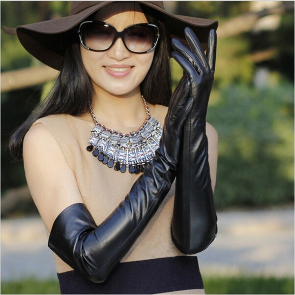 Women Cosplay Black Shiny Wet Look Faux Leather Long Gloves Best Holiday Gift 