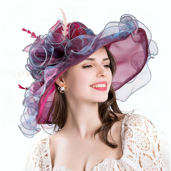 Women Purple Hats Ladies Tea Party Wedding Organza Hat Large Wide