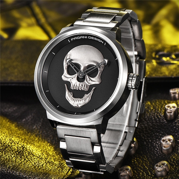 PAGANI Design Brand Steampunk Aviator 3D Skull Stainless Steel Band Men Quartz Wrist Watch Wish