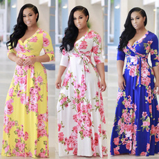 Women's Fashion Bohemian Short Sleeve Floral Print Deep V-neck Maxi Dress Beach Dress Vintage Dress Plus Size(S-2XL))