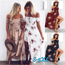 Boho Style Womens Sexy Off Shoulder Floral Print Dress Summer Beach Maxi Dresses Big Size S-5XL