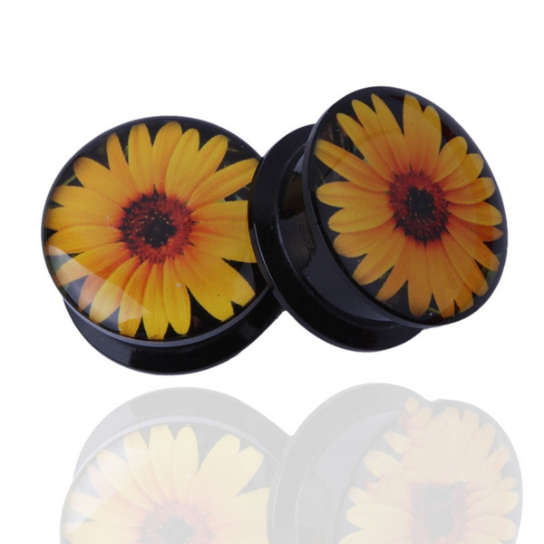 2PCS Pretty Sunflower Acrylic Reversible Ear Ring Gauges Flesh Tunnel