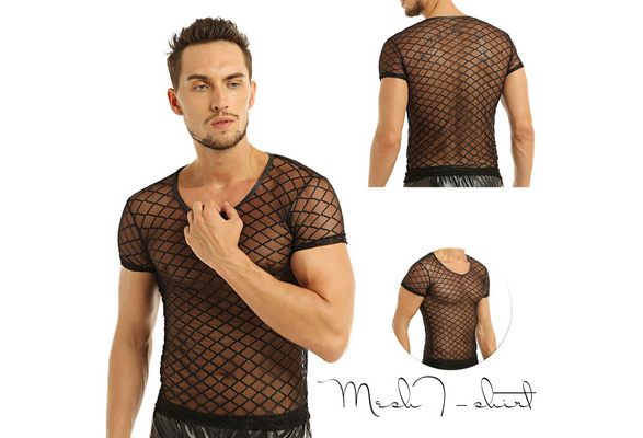 Mesh See Through Tshirt Men Sexy Short Sleeve Fishnet Transparent