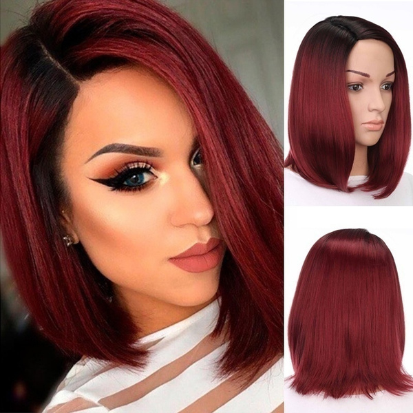 Women New Synthetic Short Burgundy Bob Ombre Red Wigs For Black Women African American Hair Bobo Straight Wig Ps Wig Cap Wish