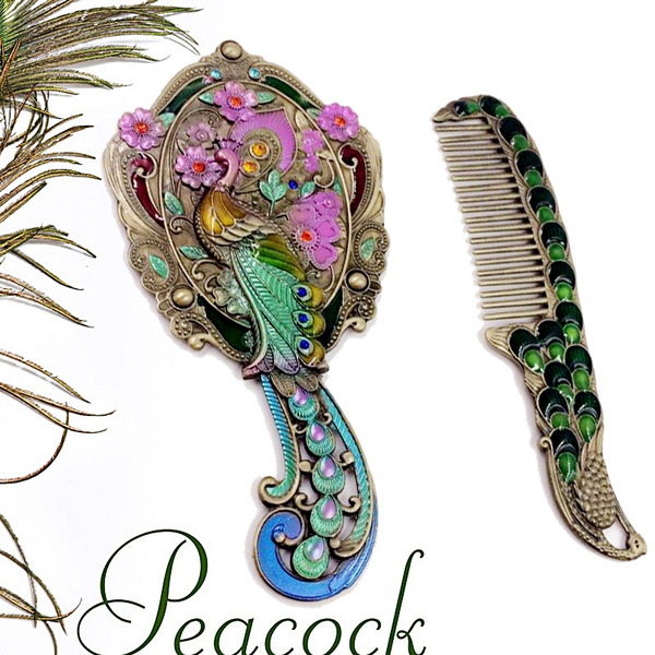 Vintage Mirror and Comb Set Luxury Peacock Painted Women  display picture 1