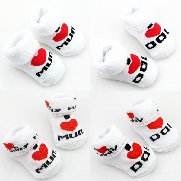 White Baby Socks For 0-6 Months Infant Boy Girl Newborn I Love Mum Dad Socks SG 