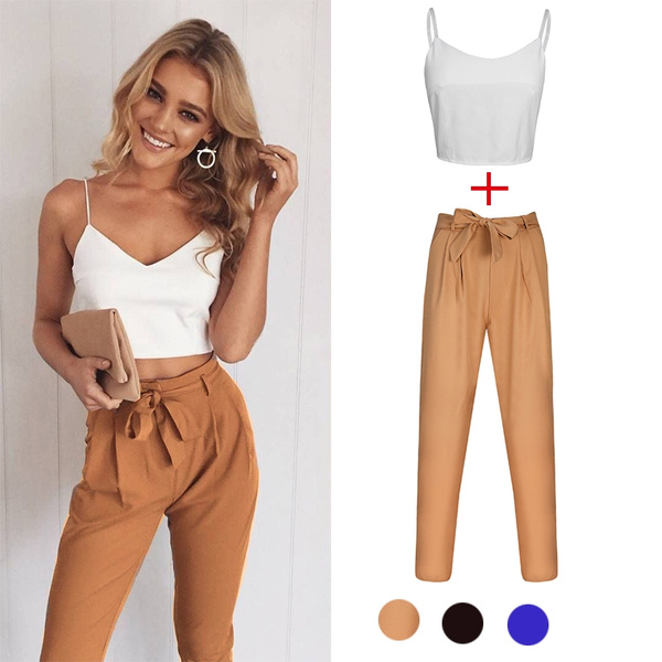 New Sexy Women Crop Top+Pants Sets Straps Pants Halter Tank Tops Ladies  Solid Shirts Tops Elegant Trousers Suits