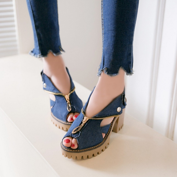 Denim Wedge Sandals Linamong Straps High Platform Wedge Sandals Light Blue  Jean Ankle Buckles Wedges Big Size Wedge Sandals - AliExpress