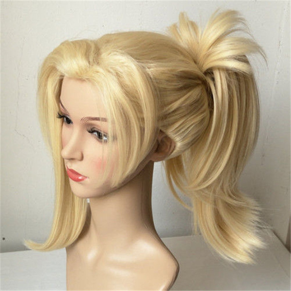 Overwatch OW Mercy Angela Ziegler Blond Gold Cosplay Wig Ponytail