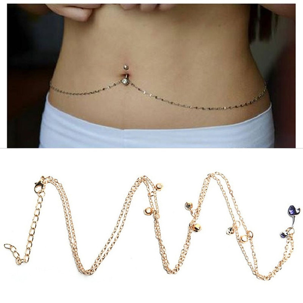 Crystal Tassel Navel Belly Button Ring With Waist Chain Body Piercing Wome_H4 