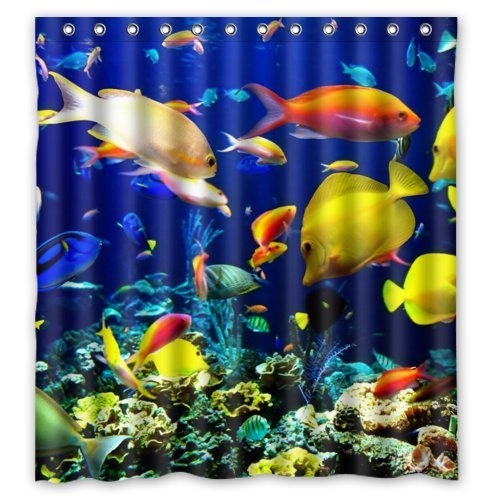 Home Family Waterproof Fabric Bathroom, Tropical Fish Fabric Shower Curtain
