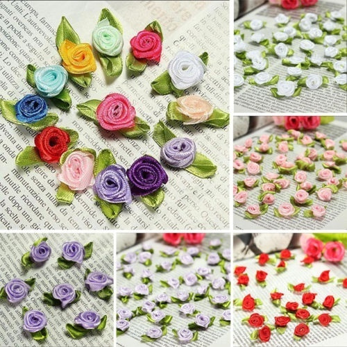 100pcs Satin Ribbon Rose Flower Wedding Decor Appliques Clothes Sewing DIY Craft 