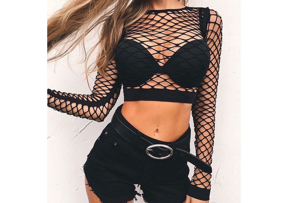 Sexy Hollow Fishing Net Lace Exposed Navel Long Sleeves For Women