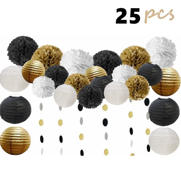 HOPE 25 Pcs Tissue Pom Poms Paper Flowers Paper Lanterns Circle Dot Garland for Birthday Party Decoration (Color:Black,Gold,White) | Wish