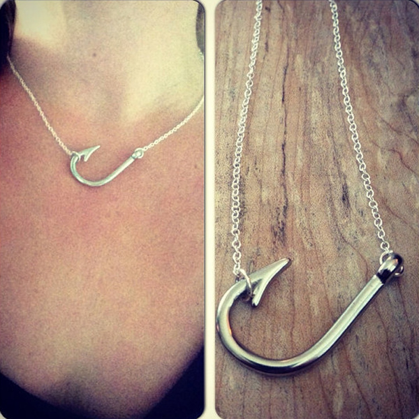 Sideways Fish Hook Necklace Fishers of Men Necklace Silver Fish