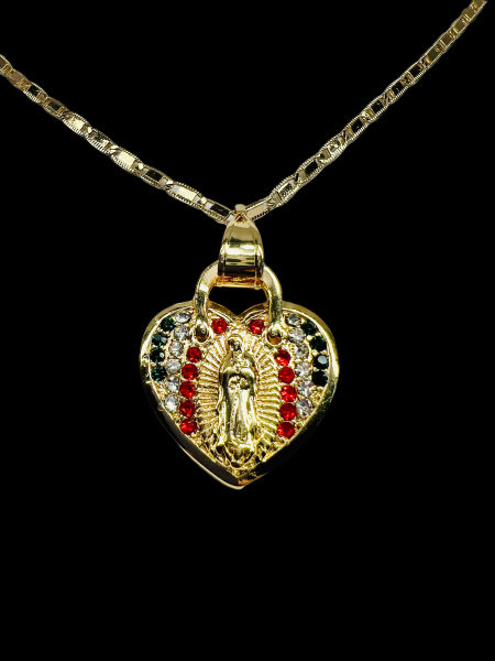 14K Gold Our Lady of Guadalupe Heart Pendant with Necklace Oro Virgen ...