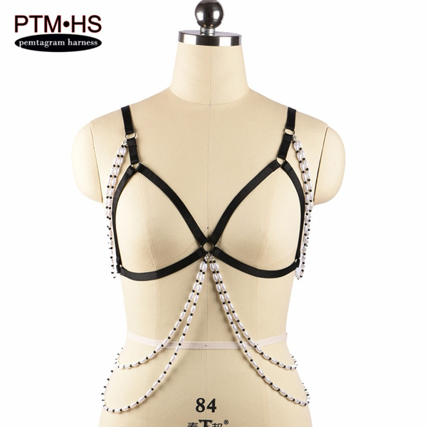 Womens Sexy Body Harness Lingerie Crop Top Frame Body Bondage Pearl Chain  Cage Bra Punk Harajuku Gothic Burlesque Exotic Harness Bra