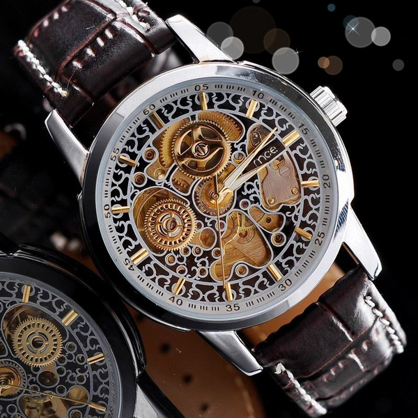 Mce Automatic Wind Up Mechanical Watch See Through Waterproof Hollow Out Watch Mechanical Men Skeleton Watch with Gift Box