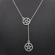 New Vintage Silver Double Pentagram Star Wiccan Pentacle Cross Lariat Pendant Adjustable Necklace Jewelry Gift for Women Men
